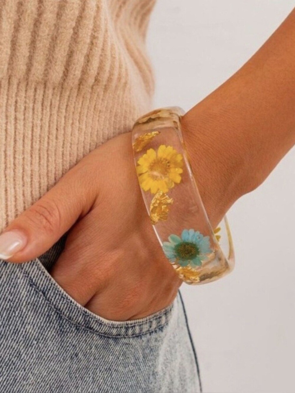 Botanical Resin Bangle Bracelet Blue Yellow Teal Red - Picture 4 of 17